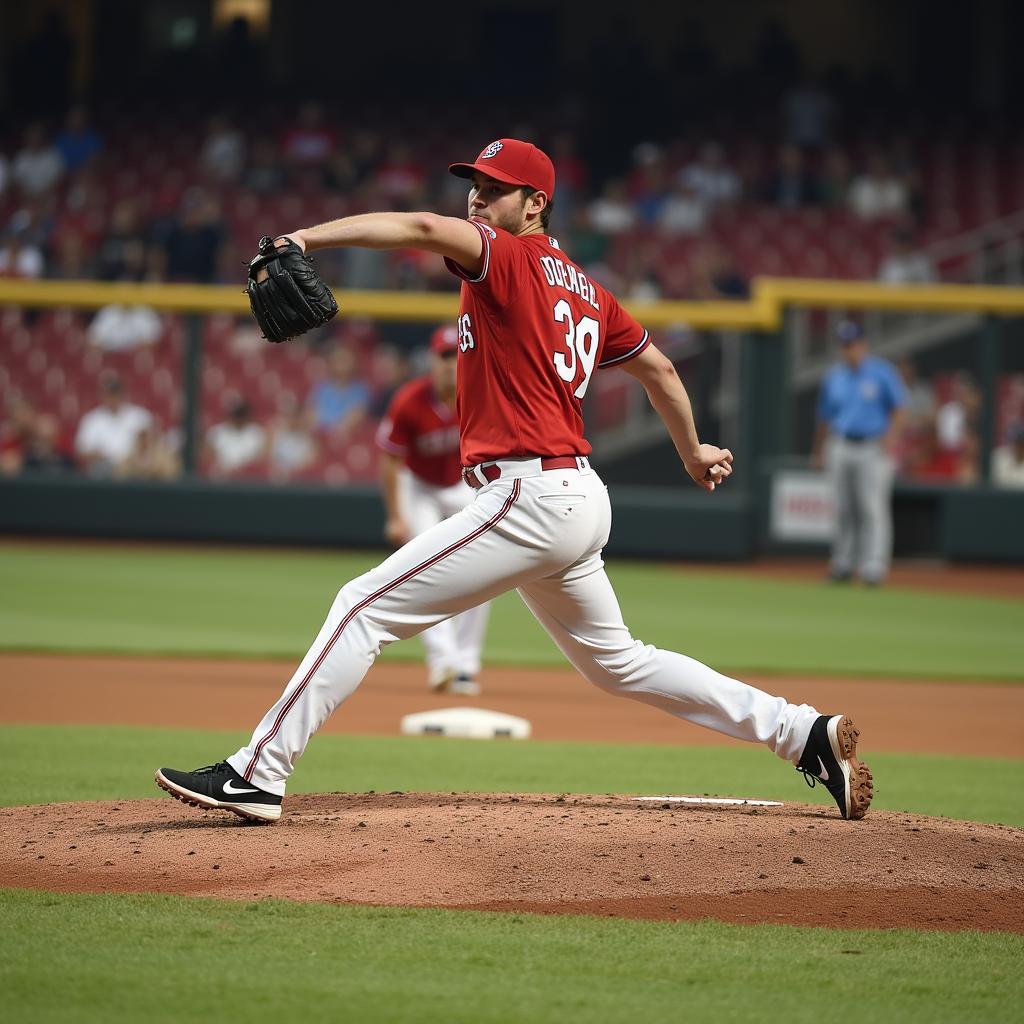 Pitcher in action on a used mound during a game