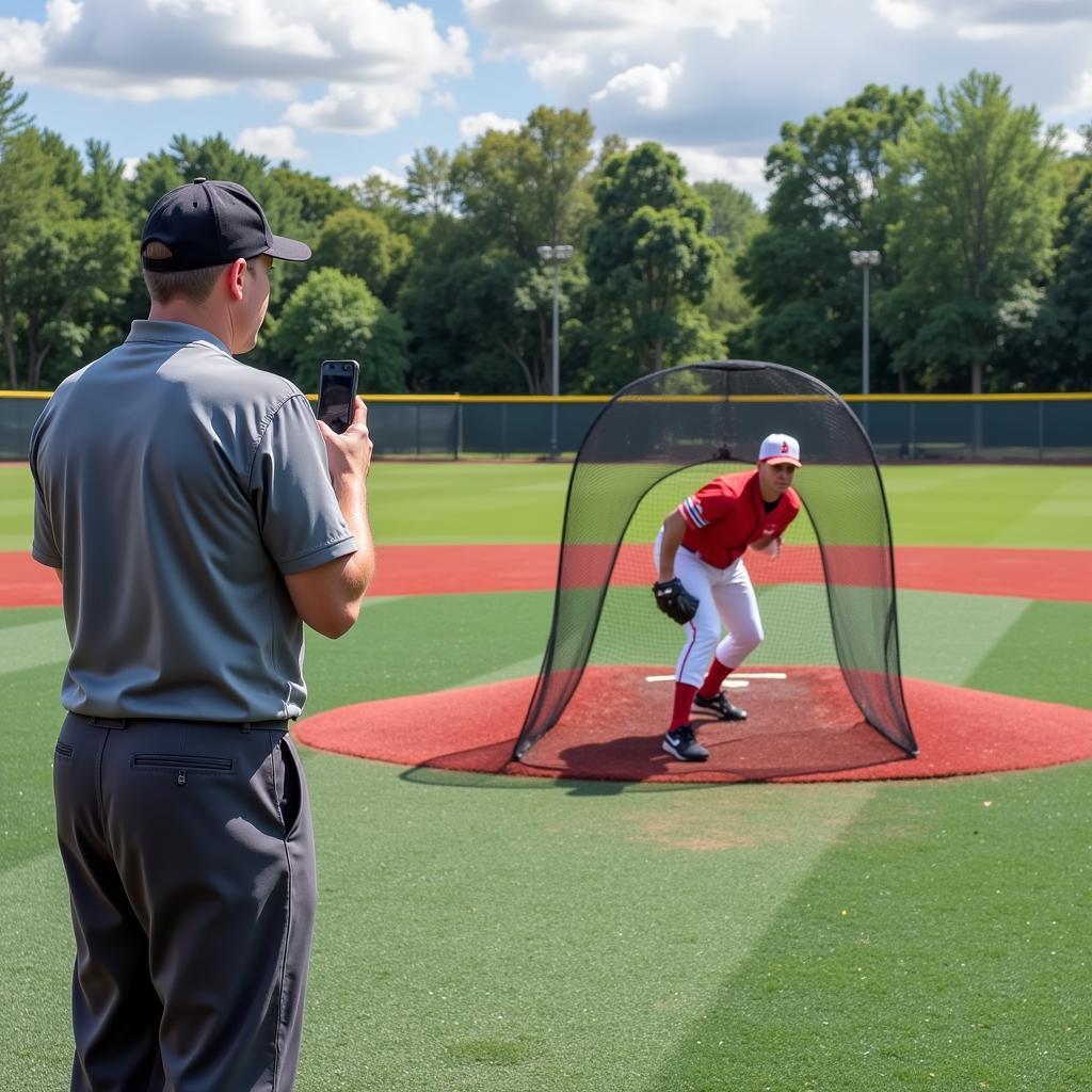 Pitcher receiving guidance from a coach while using a pitching net