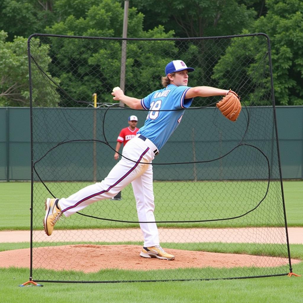 A pitcher practicing with a pitching net and focusing on the strike zone target