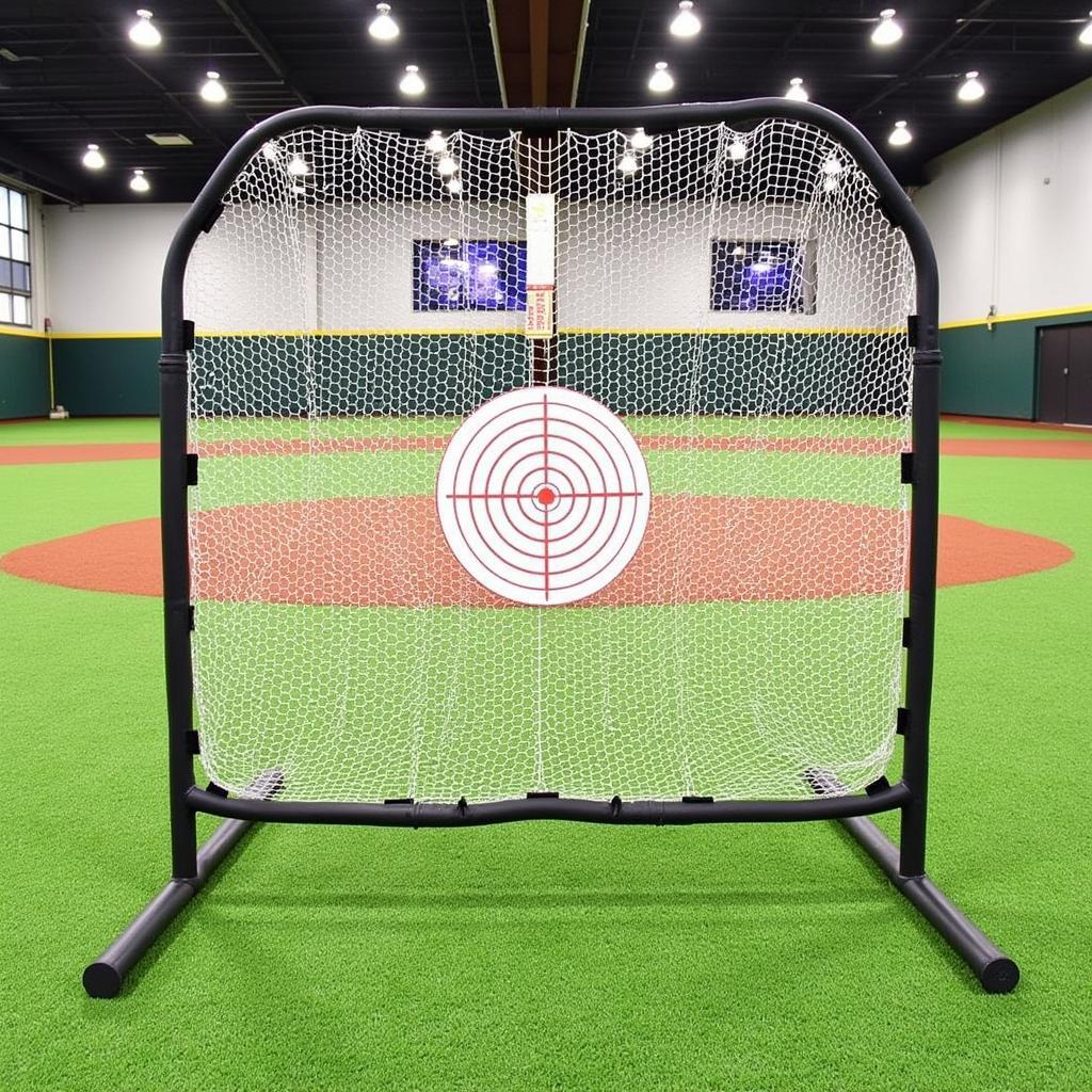 A baseball pitching net with a clearly marked strike zone