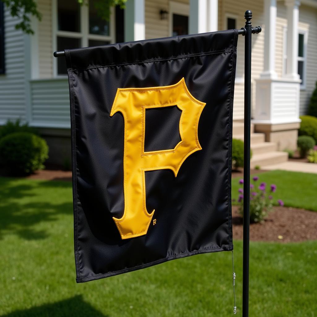 A Pittsburgh Pirates garden flag waving in the wind