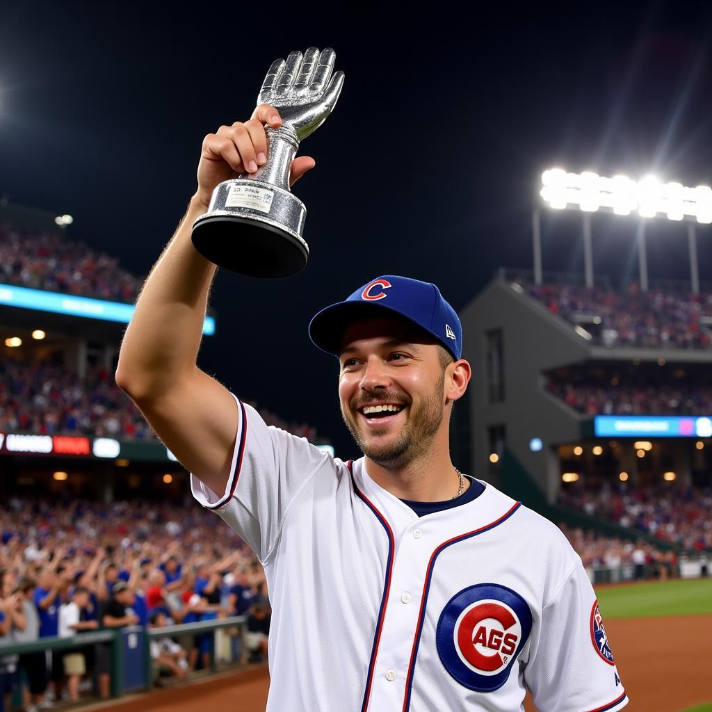 MLB player celebrating winning the Platinum Glove Award