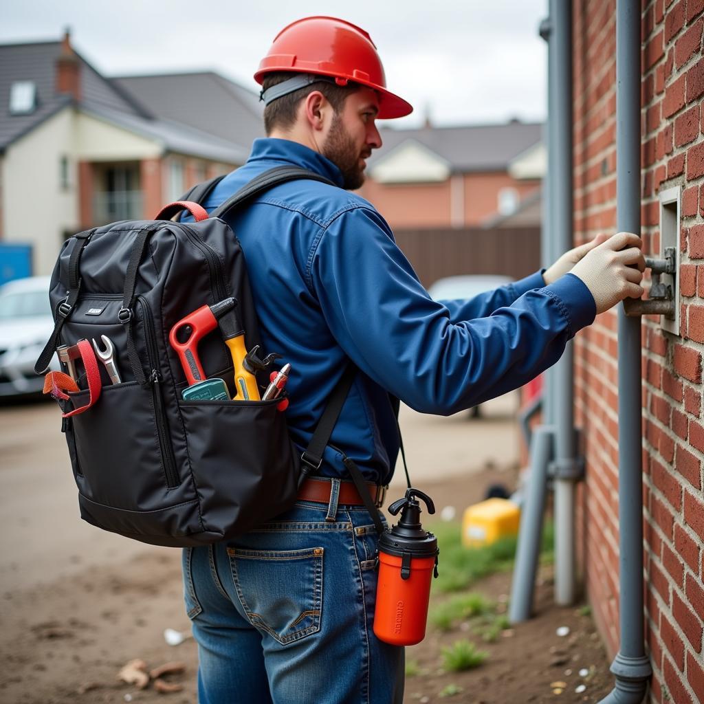 Plumber Working with Backpack on Site