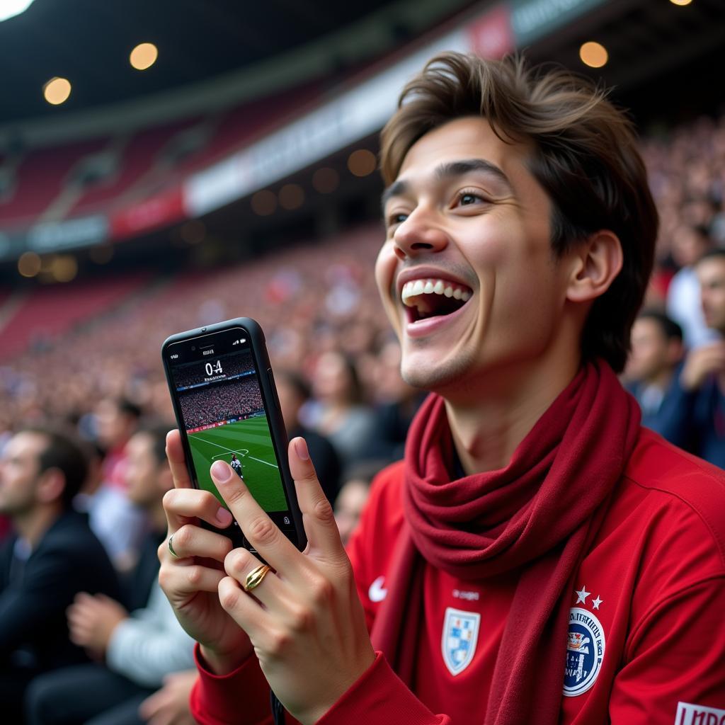 Besiktas fan using a portable charger during a match