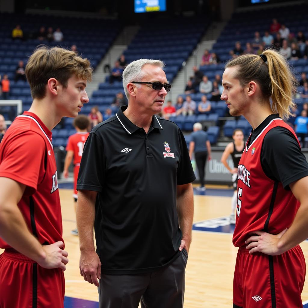 Players and coach discussing strategy post-game at the Baltimore Showcase