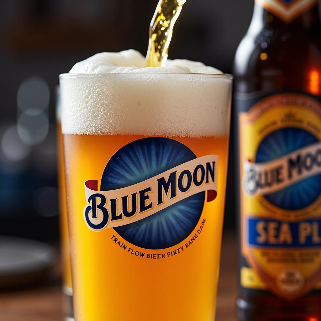 Pouring Blue Moon beer into a branded glass with a perfect head