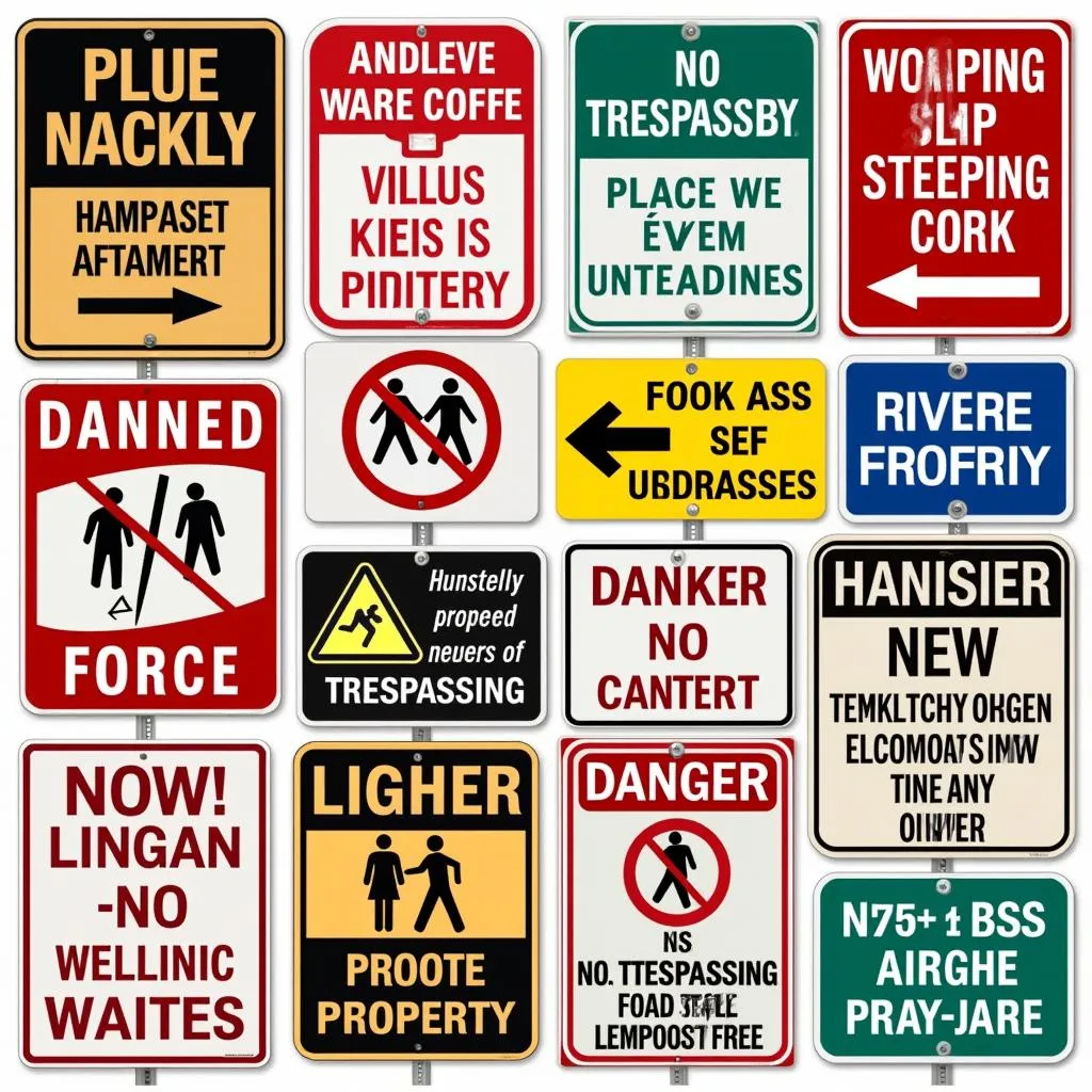 Various private property metal signs with different designs