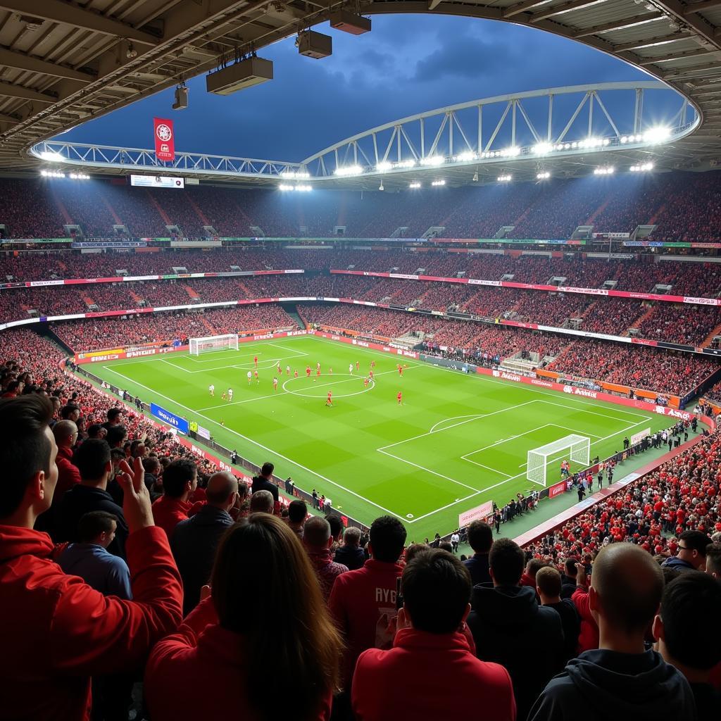 A professional soccer match taking place in a packed stadium in Istanbul