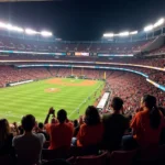 A packed stadium crowd cheering for their favorite Texas team