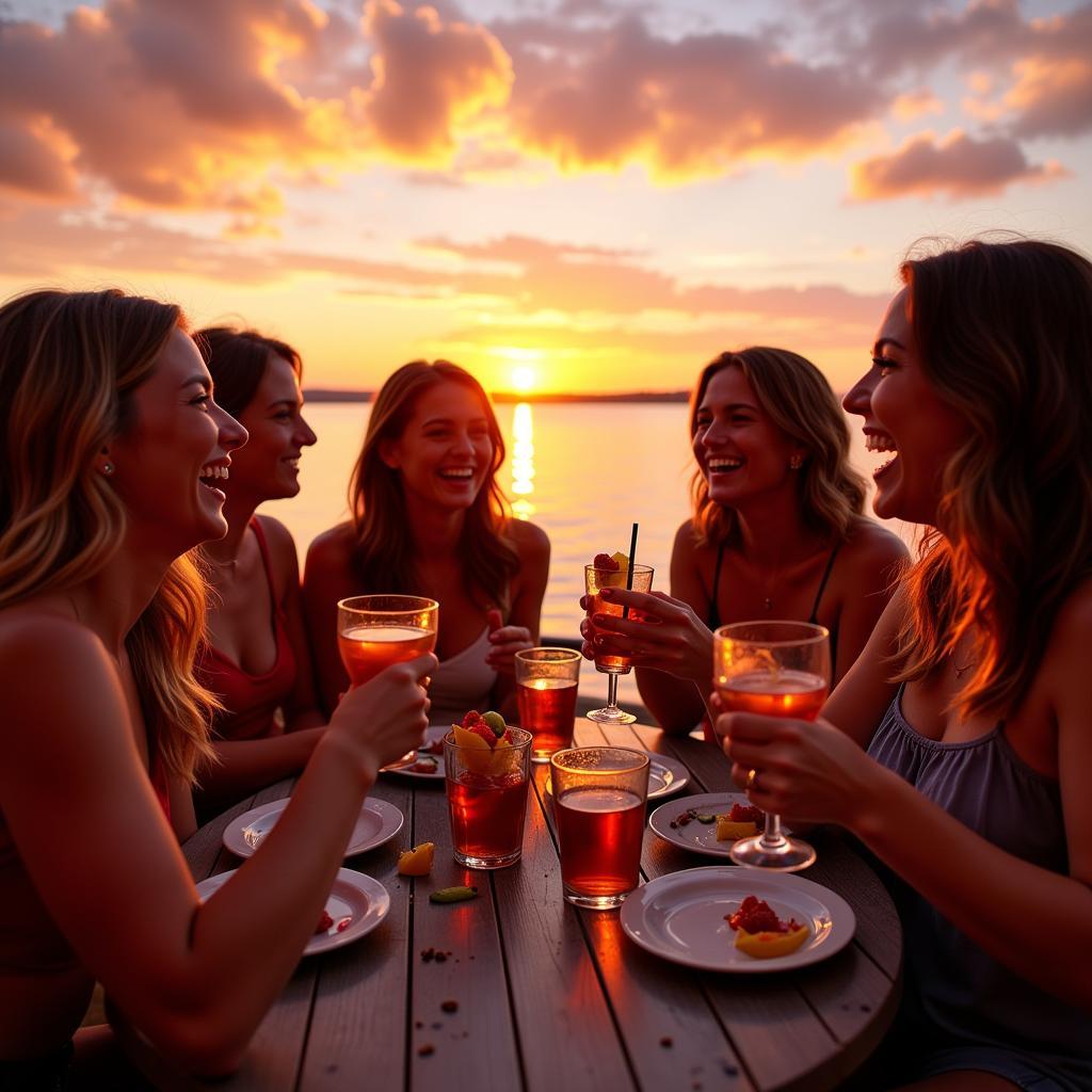 A group of friends enjoying drinks and celebrating during sunset at Put-in-Bay