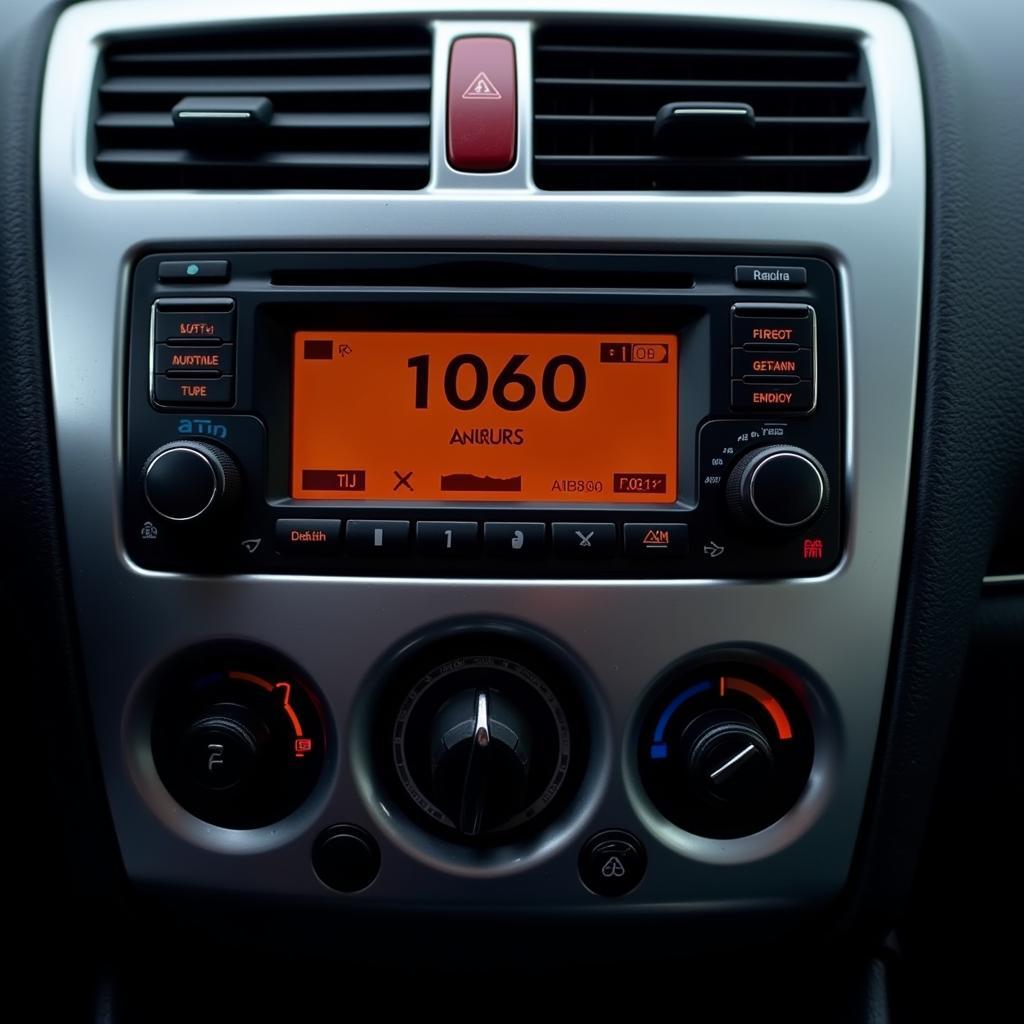 Car radio tuned to 1060 AM with a traffic report playing