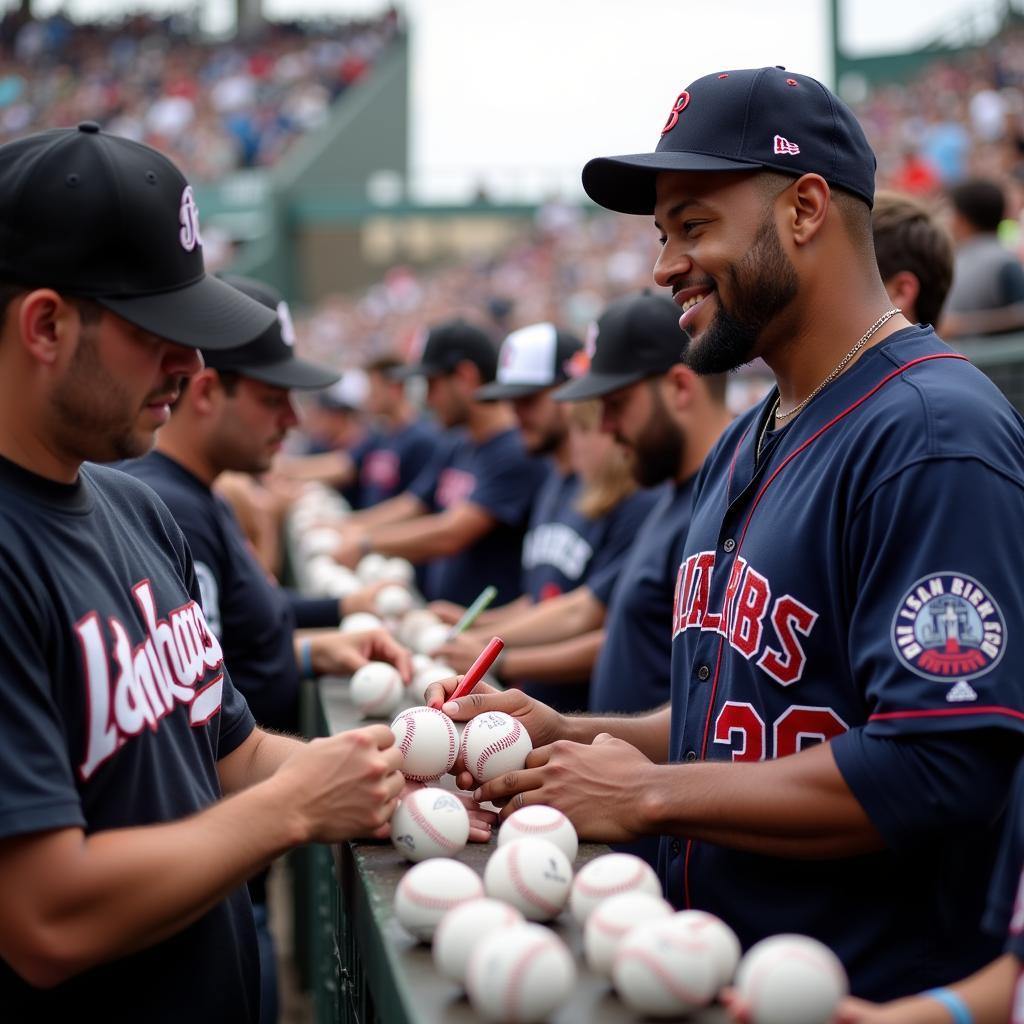 Rafael Devers signing baseballs for fans