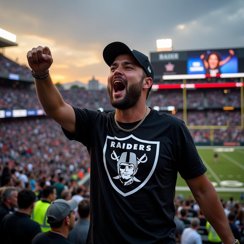 Raiders Fan Sporting a Custom T-Shirt at a Game