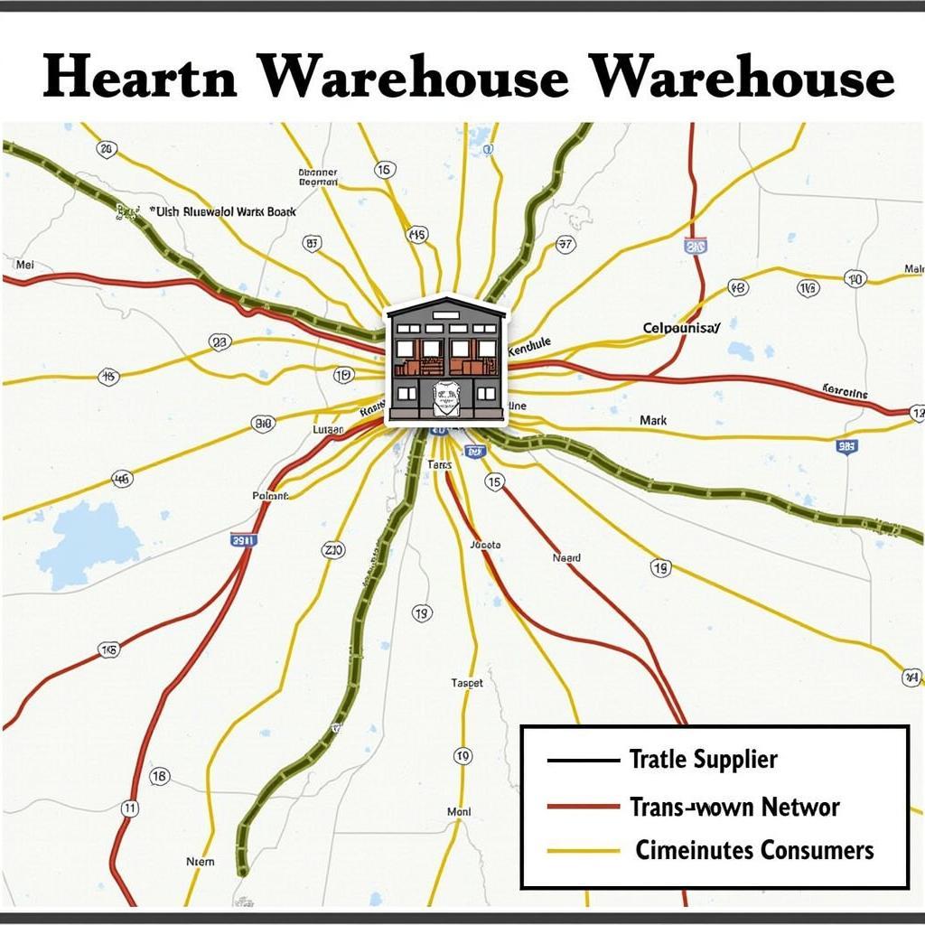 Map illustrating a railroad warehouse's strategic location within a distribution network