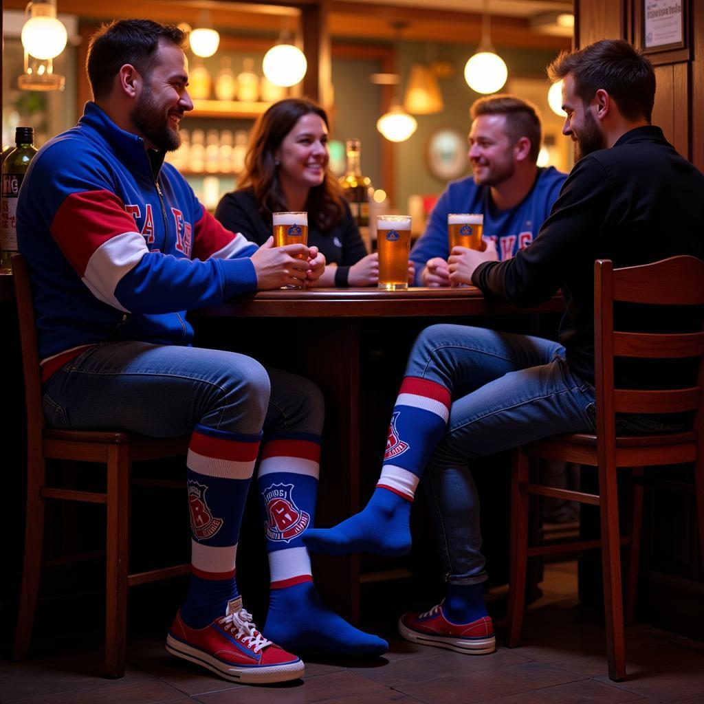 A Rangers fan at a pub, wearing the club's socks with casual attire.