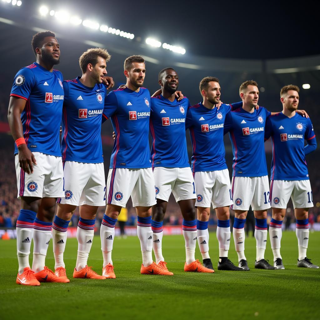 Rangers players lined up on the pitch, showcasing the full kit with socks.