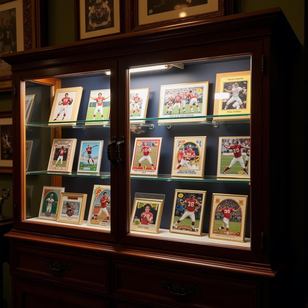 A display case showcasing a collection of valuable rare football cards.