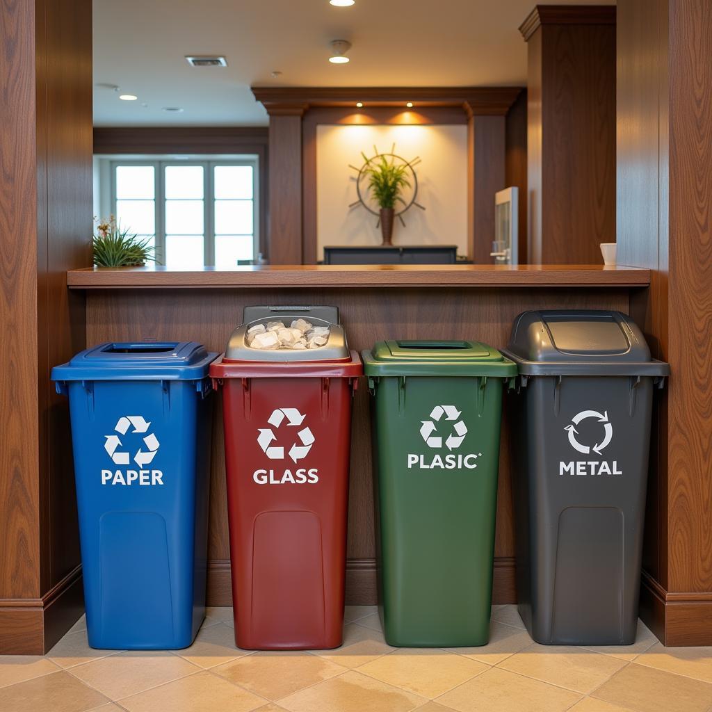 Different types of recycling bins at a member's club