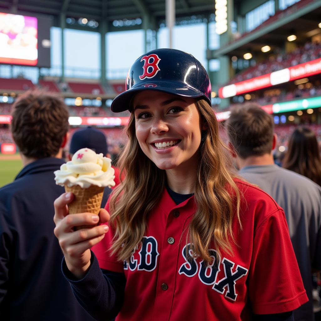 Red Sox Ice Cream Helmet held by a fan at Fenway Park