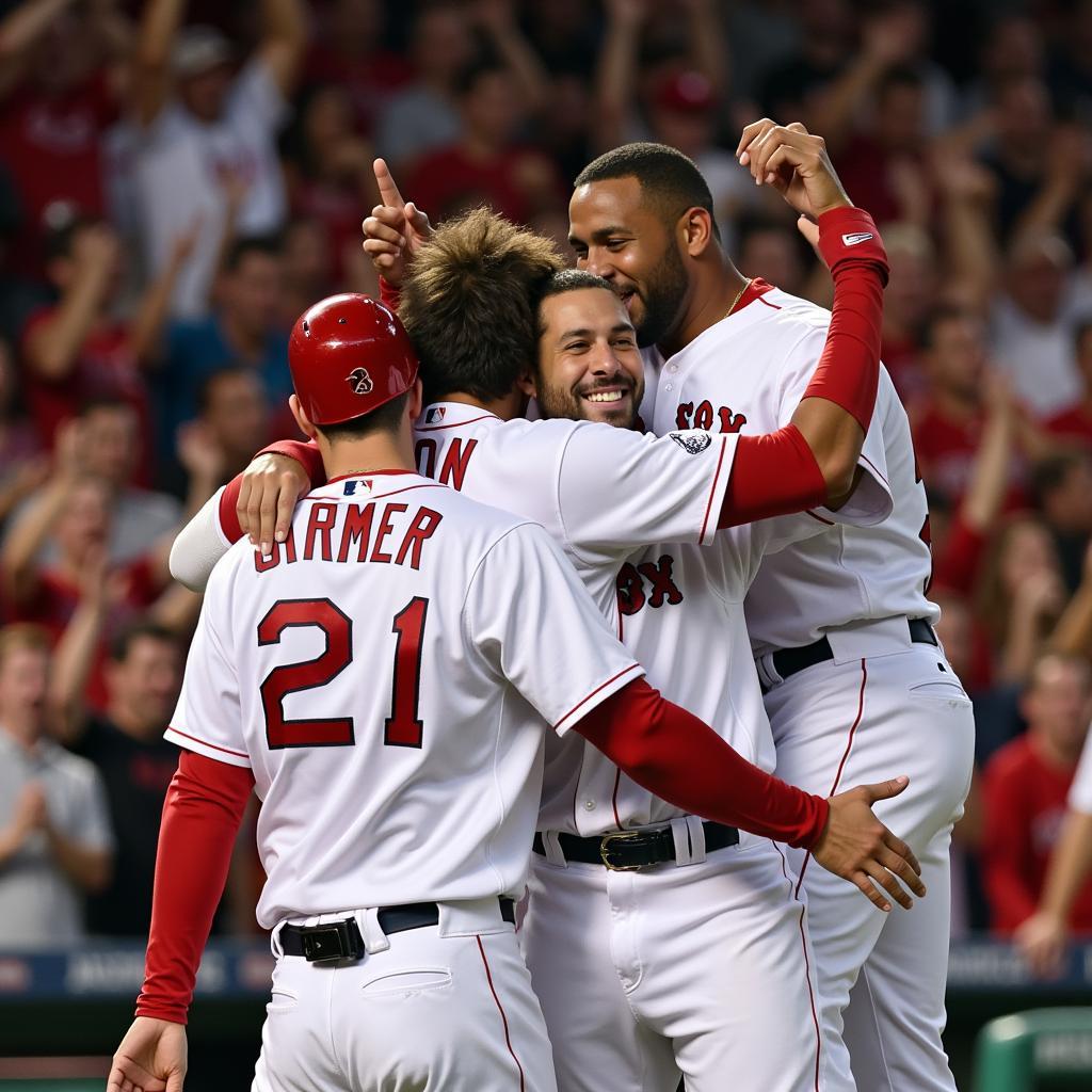 Red Sox players celebrating a walk-off win