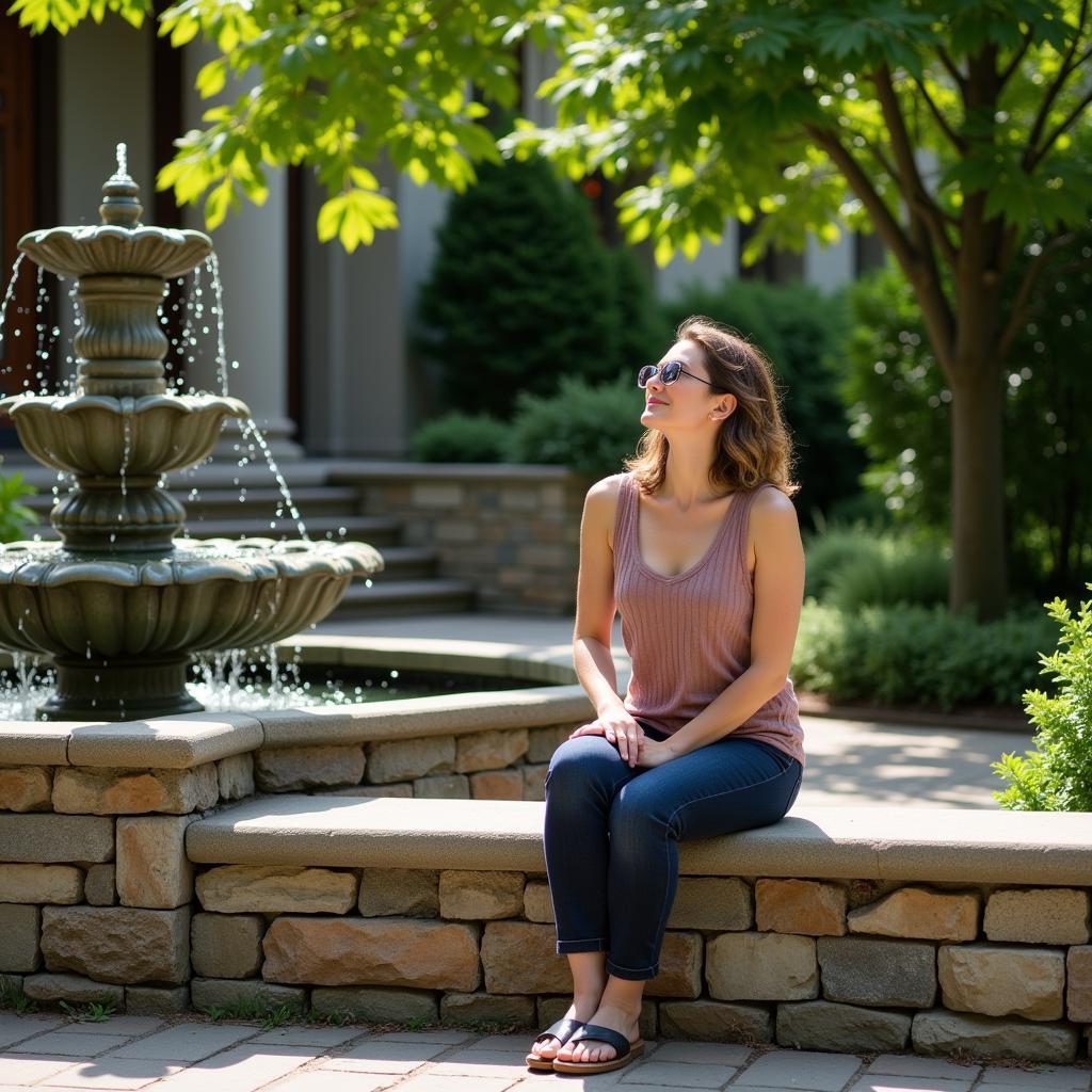 A woman relaxing by a peaceful fountain