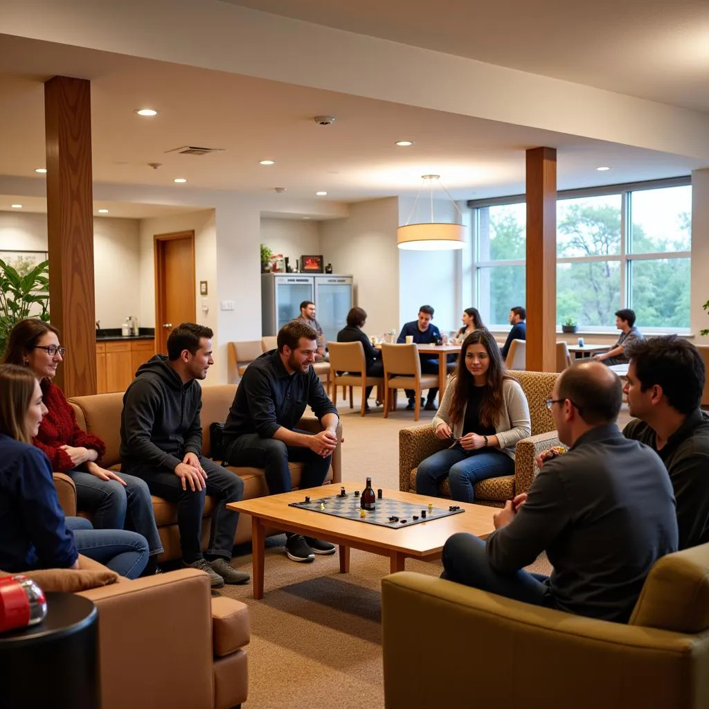 Spacious and well-lit common area with residents engaging in conversation and enjoying a game night.