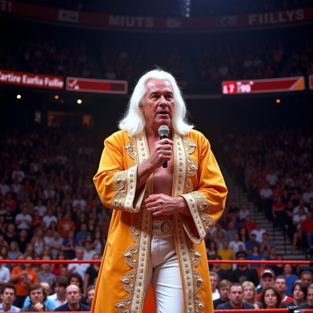 Ric Flair in the ring, microphone in hand, addressing a roaring crowd