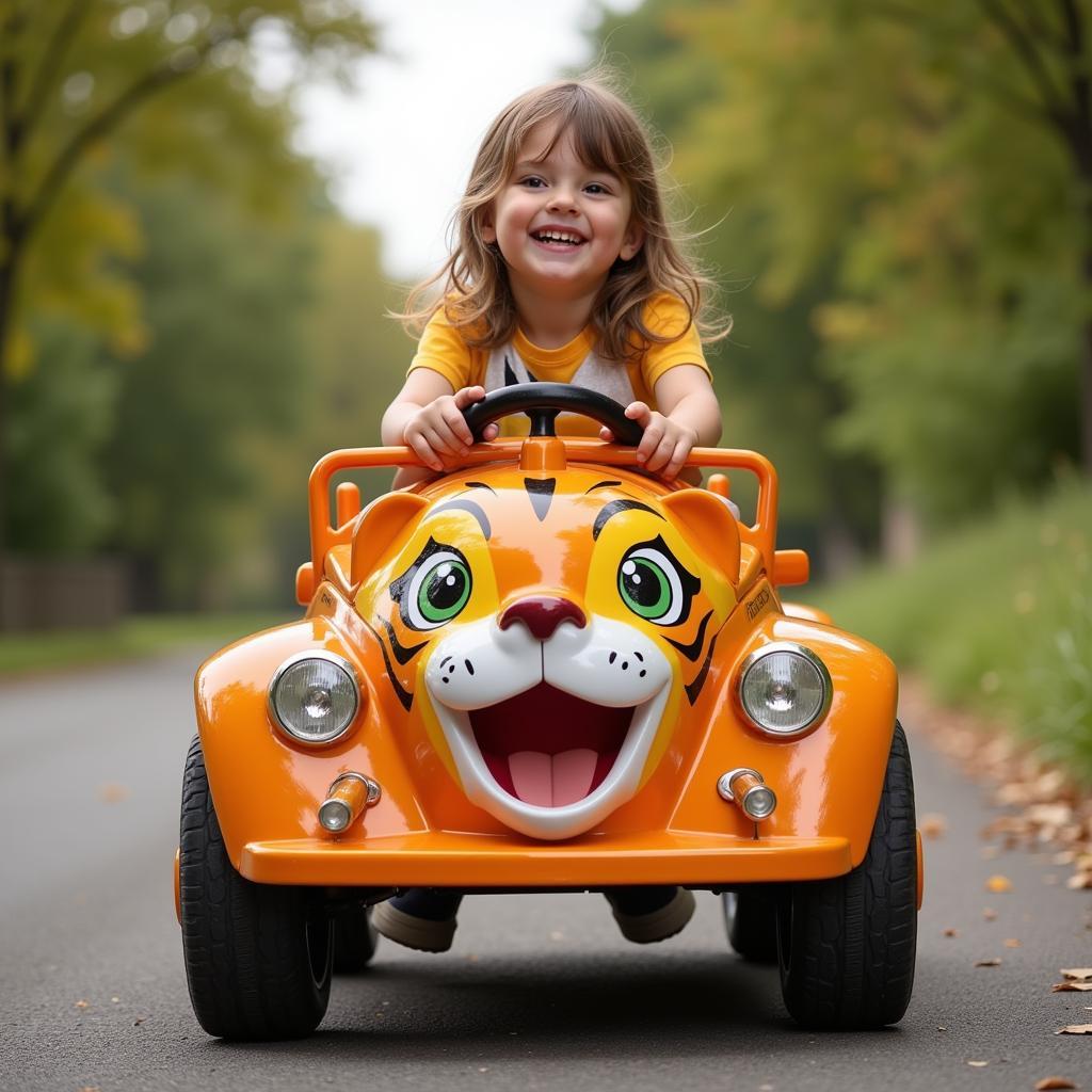 Ride-on toy car shaped like a tiger with a child driving