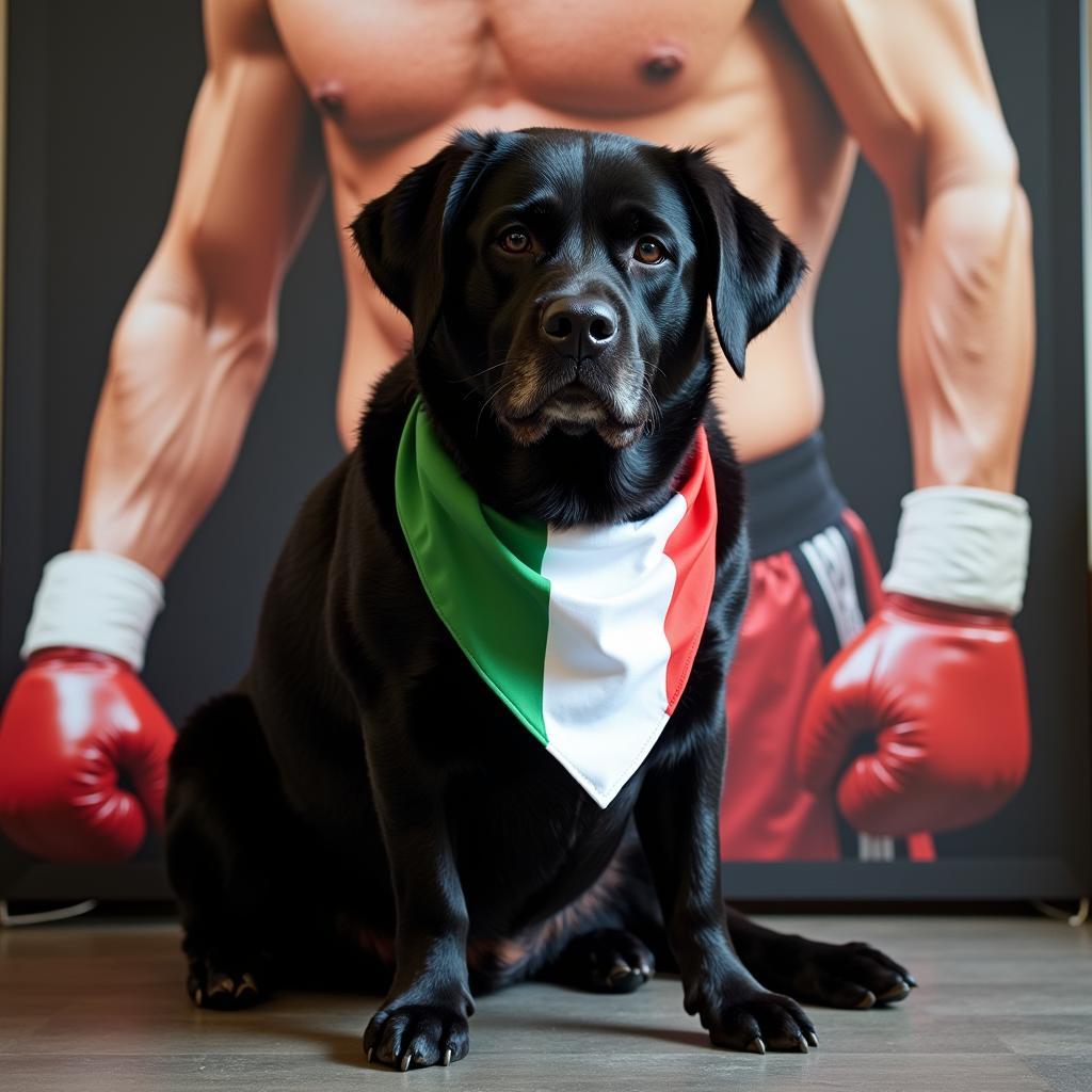 A dog wearing a Rocky Balboa inspired bandana in the colors of the Italian flag.