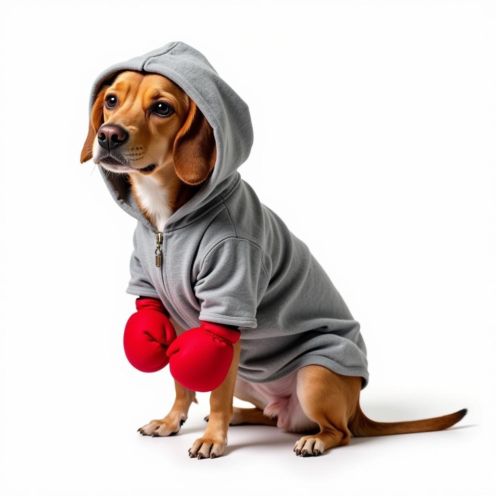 Dog wearing a grey Rocky Balboa sweatshirt and boxing gloves.