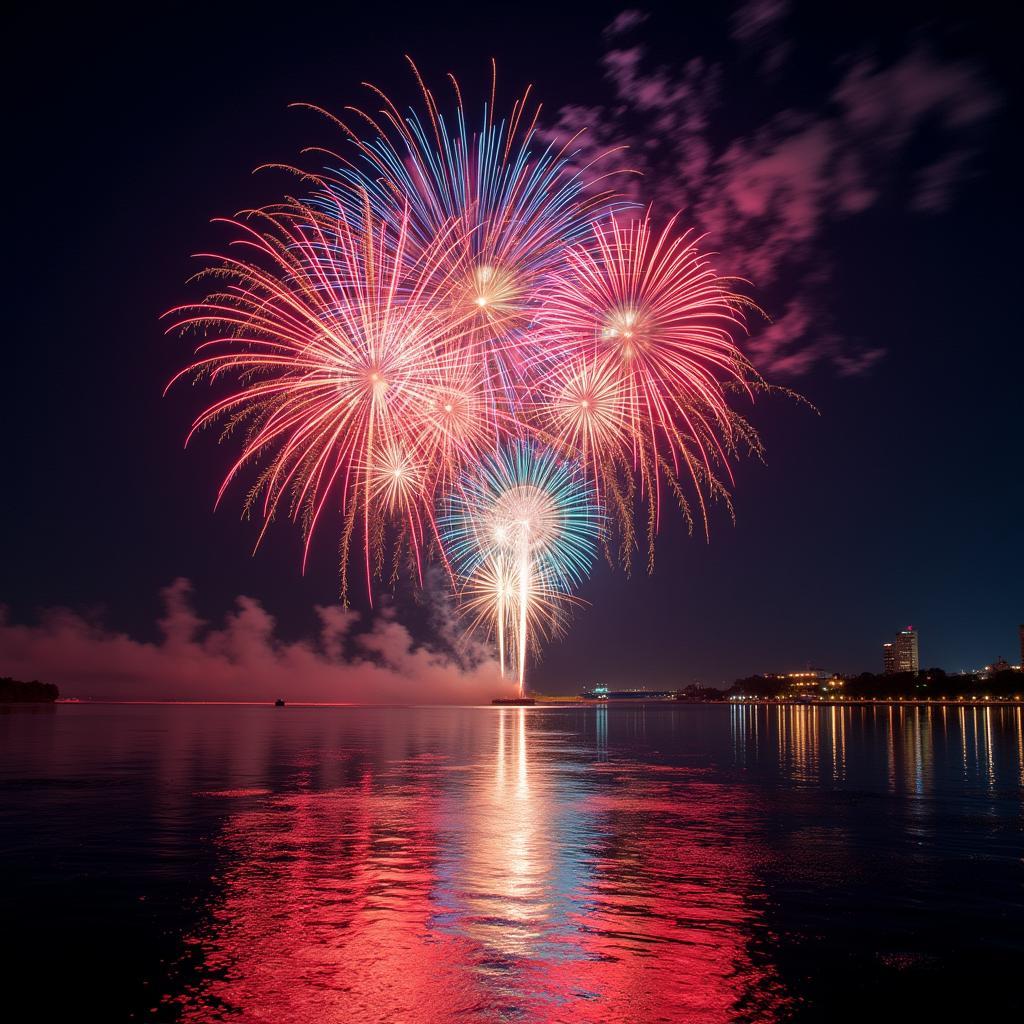 Spectacular fireworks display over water