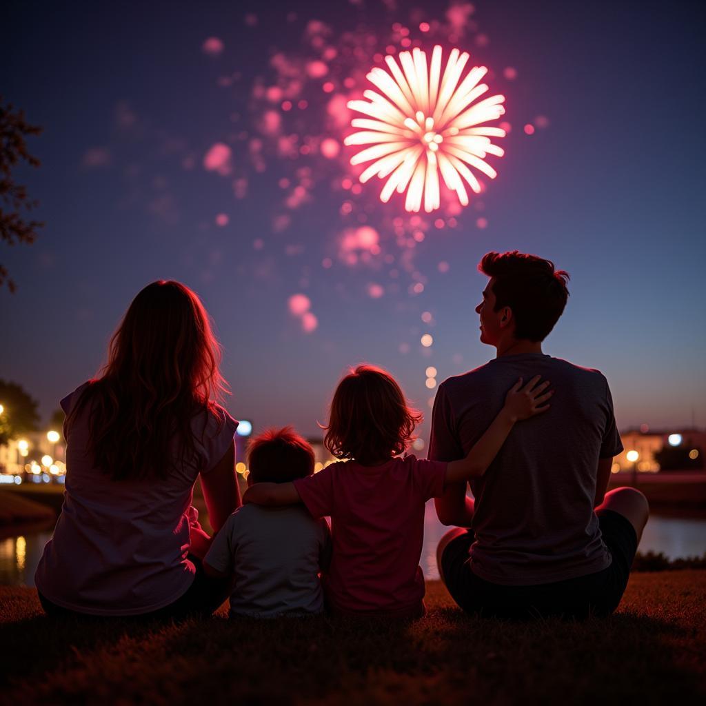 Family enjoying fireworks display