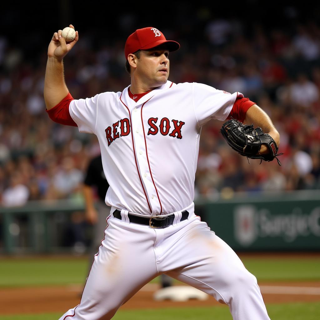 Roger Clemens pitching in his Red Sox uniform