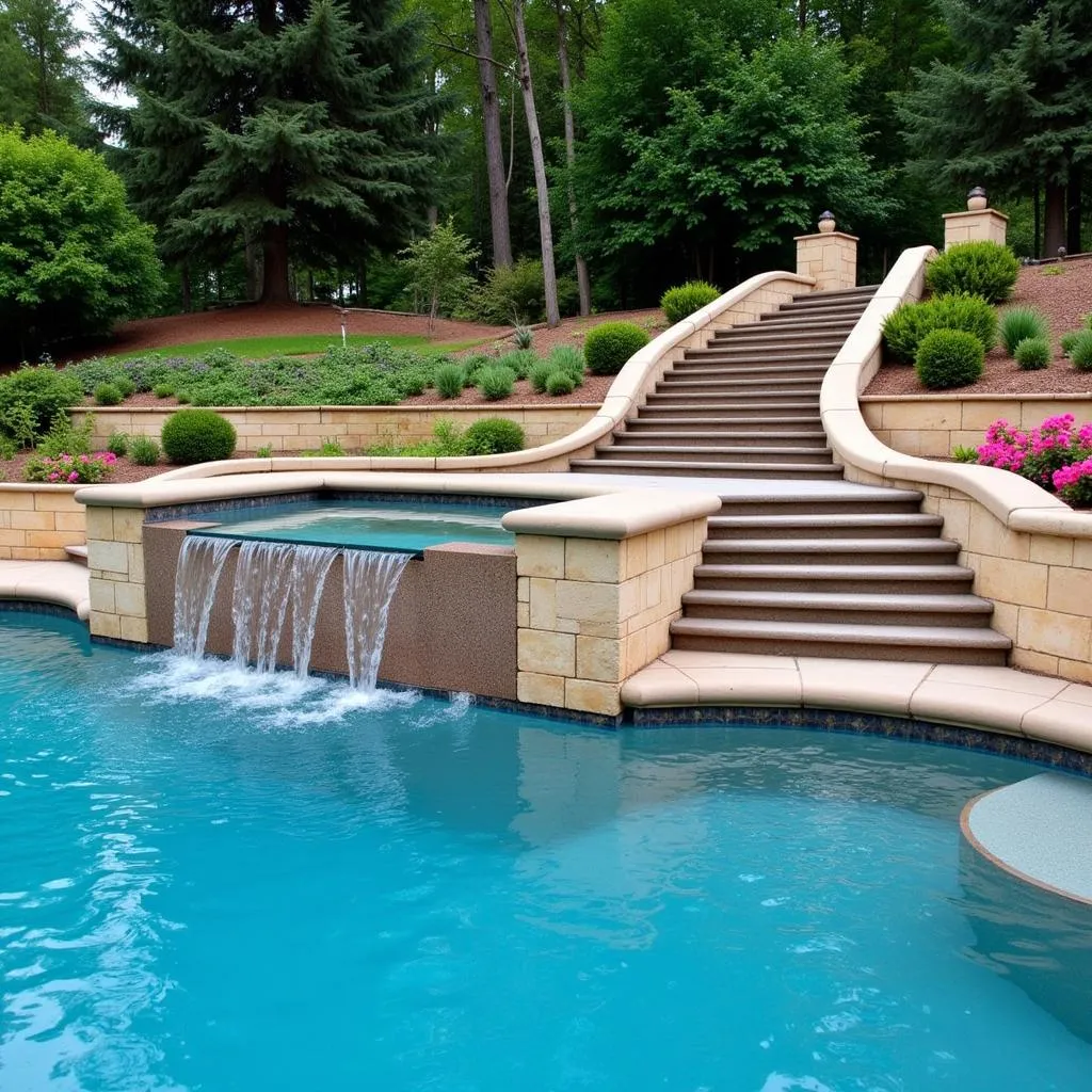 Roman pool steps with cascading water feature