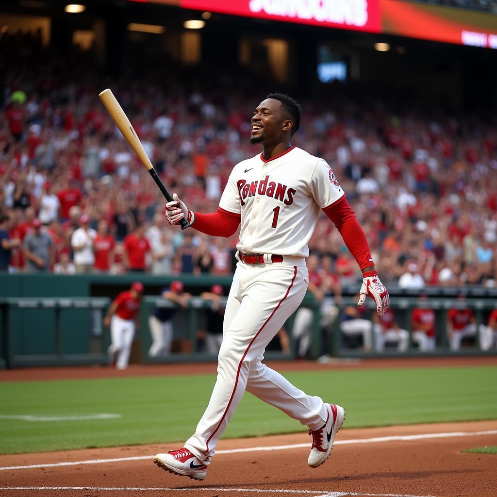 Ronald Acuna Jr. celebrates a home run, bat in hand, as he rounds the bases.