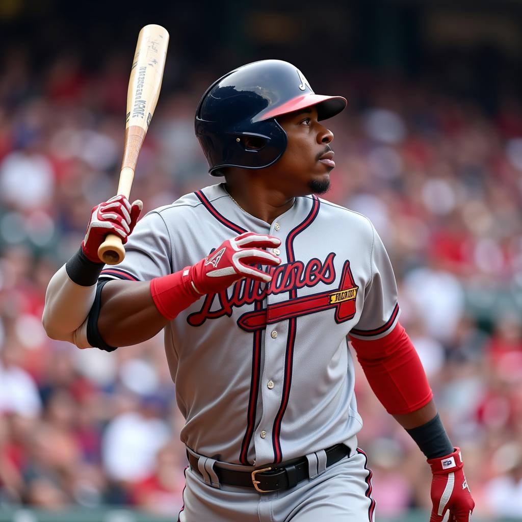 Ronald Acuna Jr. swinging a wood bat during a game.