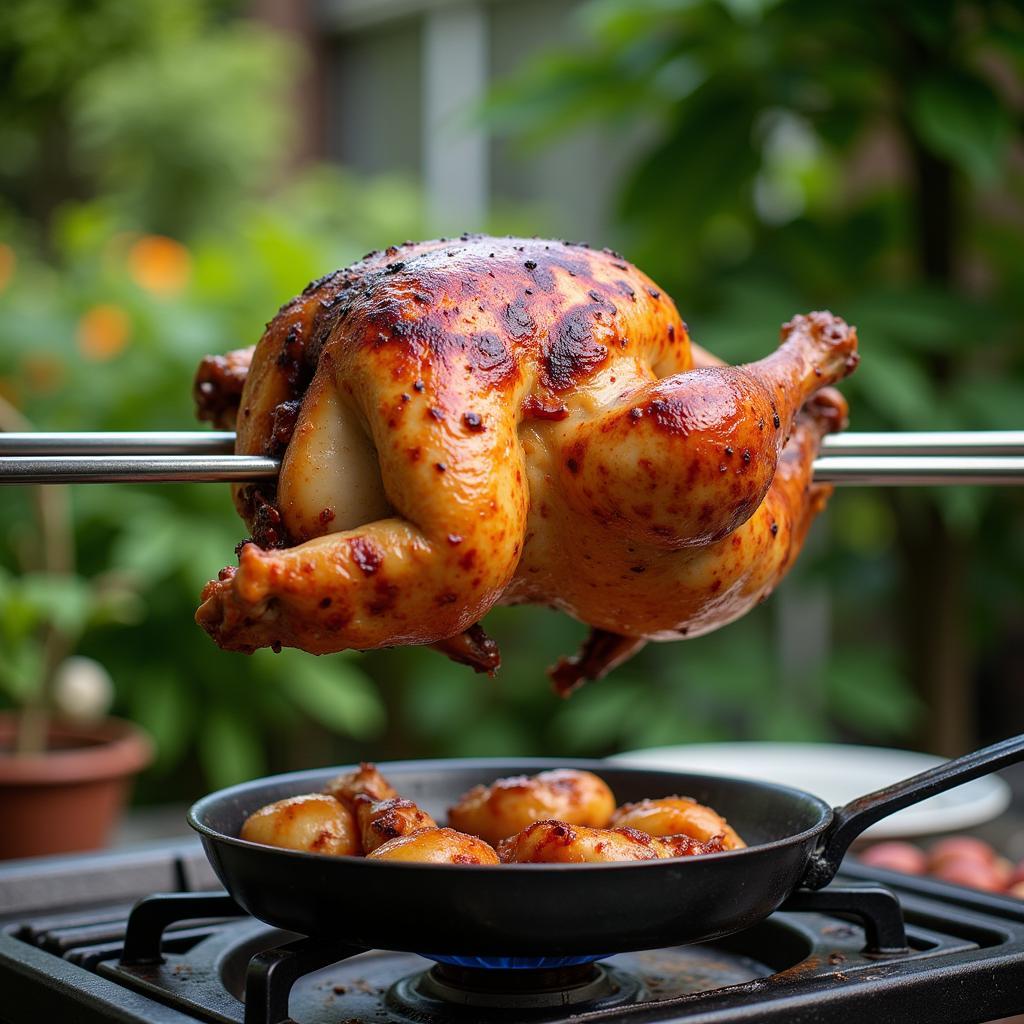 Chicken roasting on a rotisserie kit over a gas grill