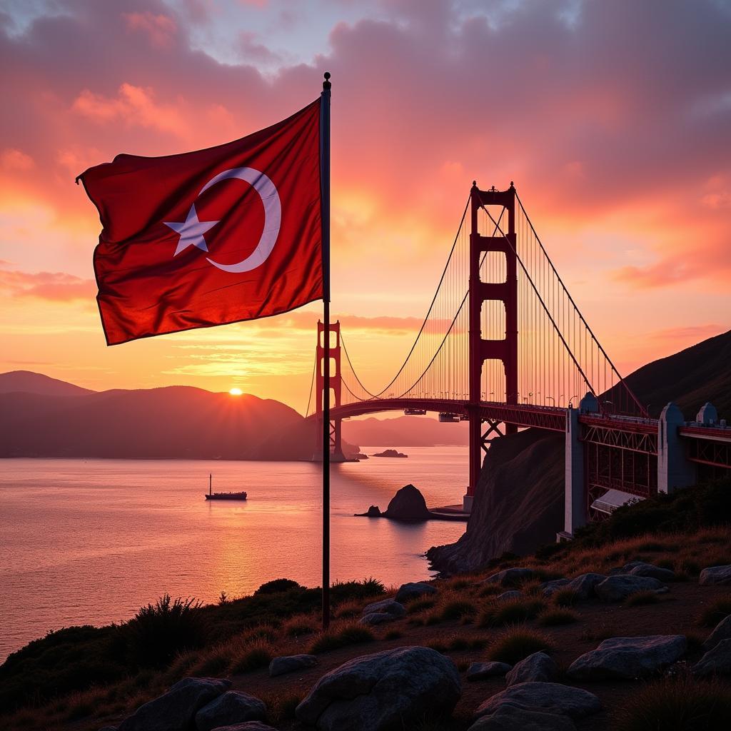 Golden Gate Bridge with a Besiktas flag waving in the foreground