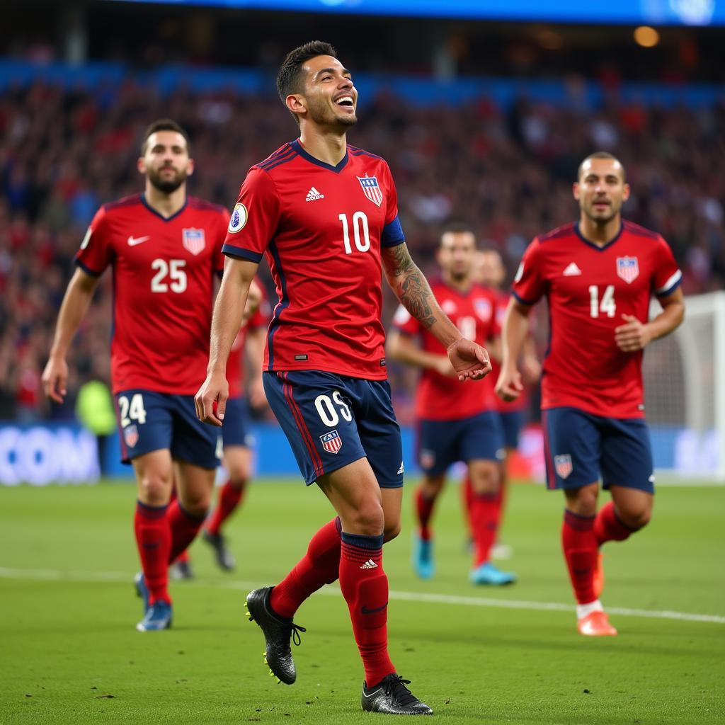 Santiago Cruz celebrating a goal with teammates