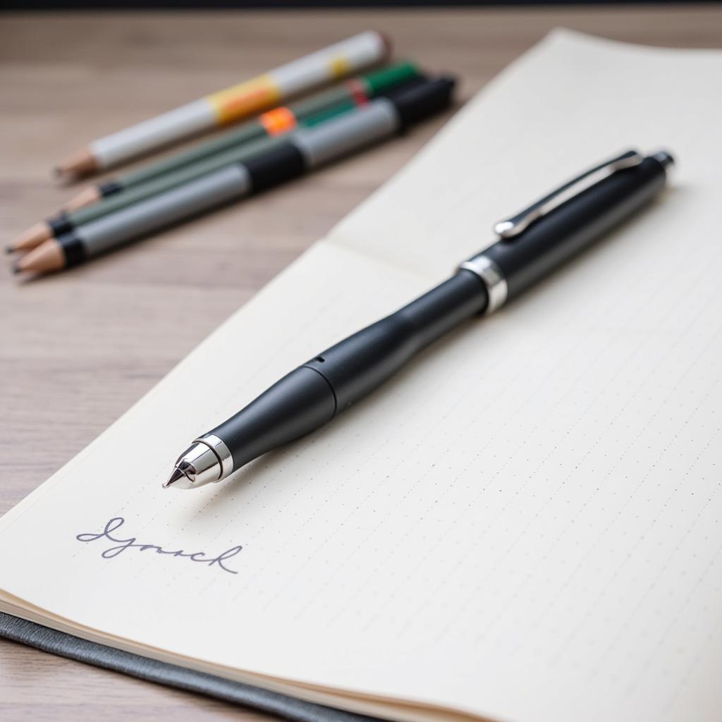 A Schmidt pen and various refills arranged neatly on a desk