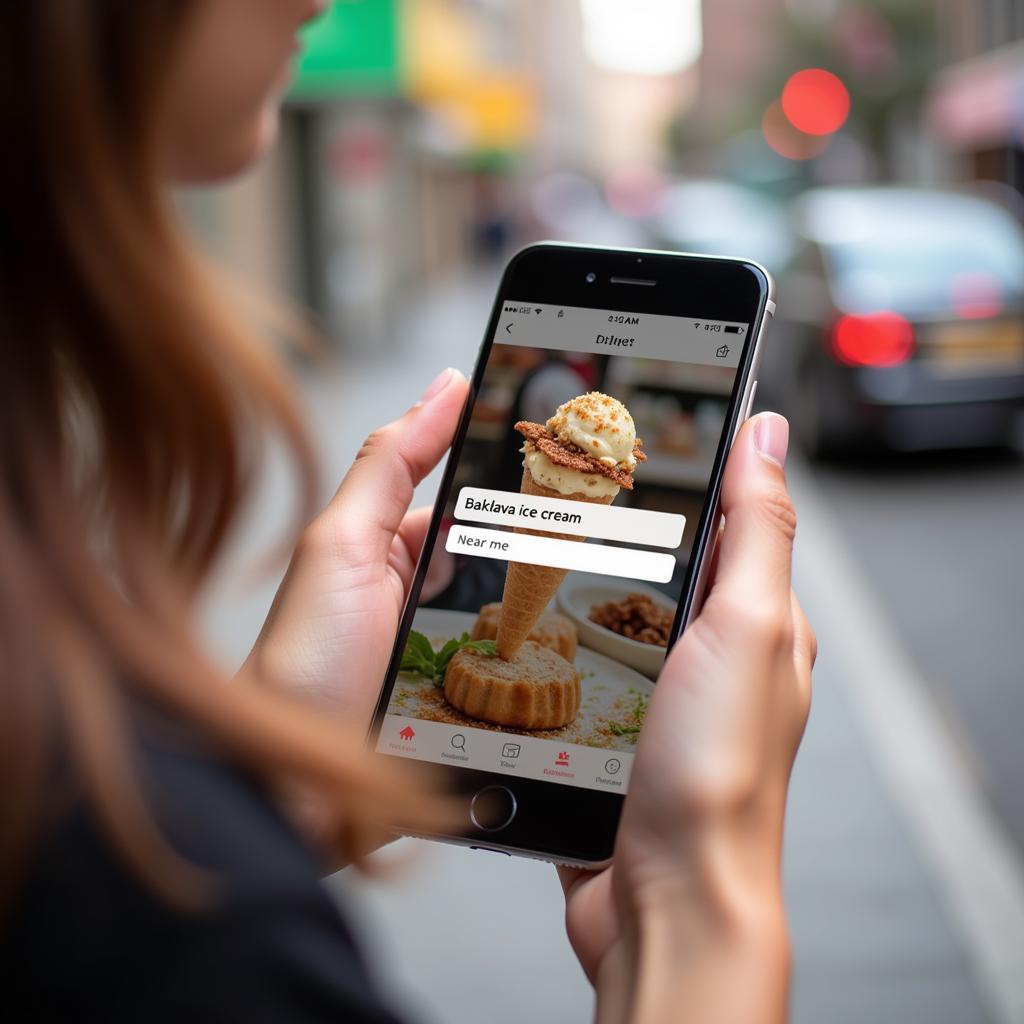 Person using a smartphone to search for "baklava ice cream near me" on a food delivery app