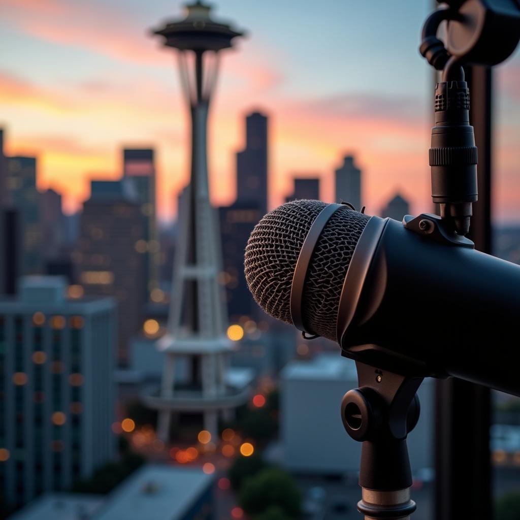 Close-up of a radio studio microphone with the Seattle skyline in the background