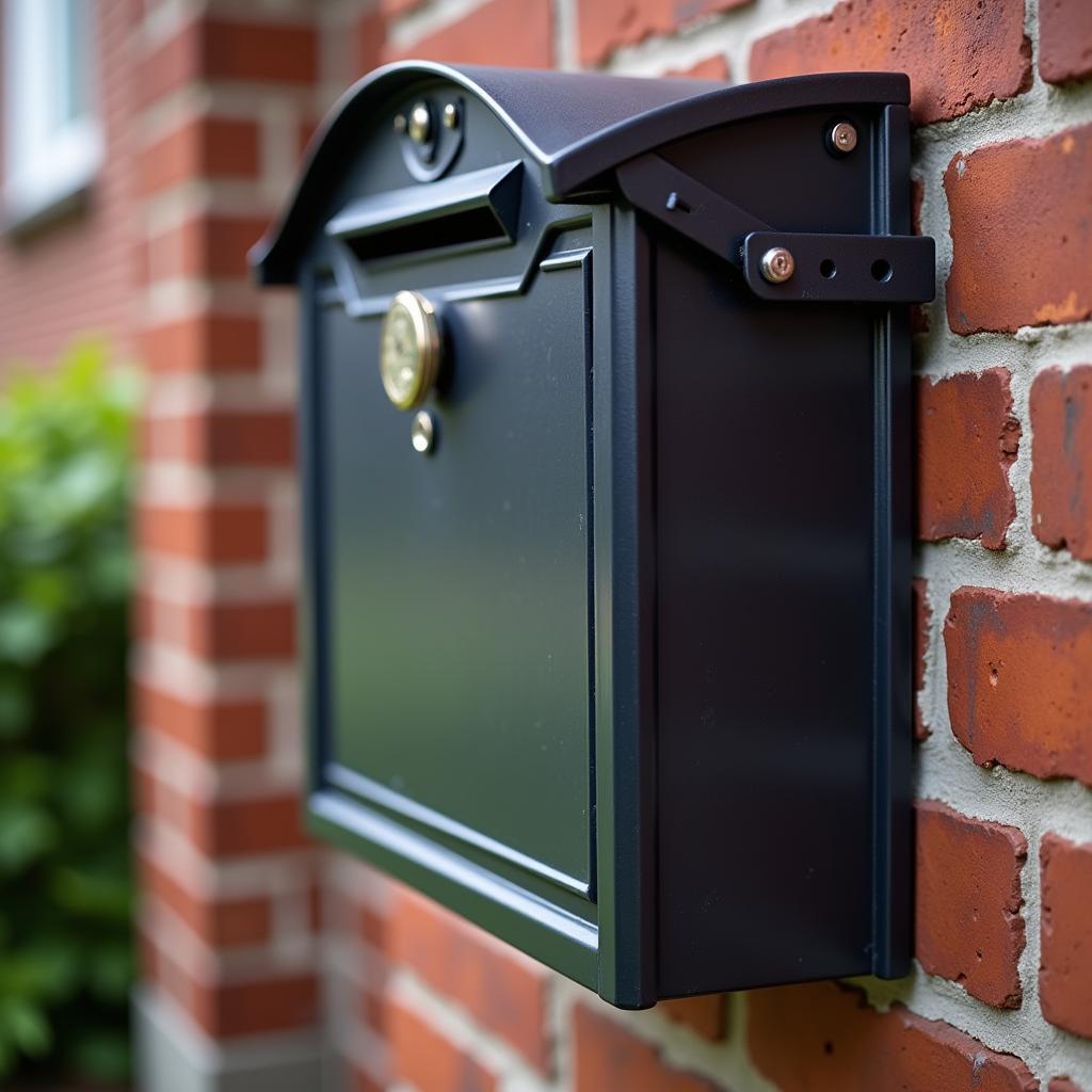 Sturdy metal mailbox mounted on a brick wall with a visible locking mechanism.