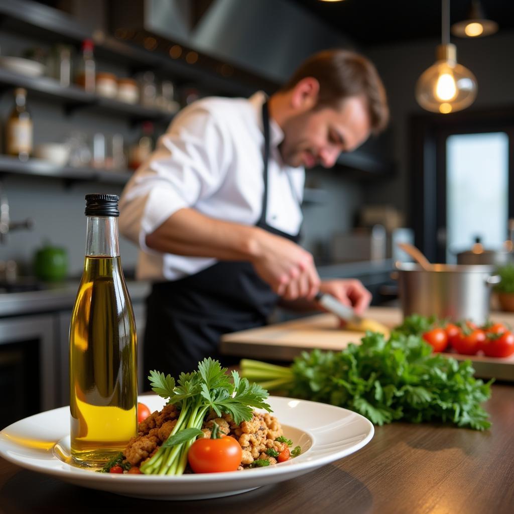 Chef preparing a meal with fresh ingredients and healthy oils