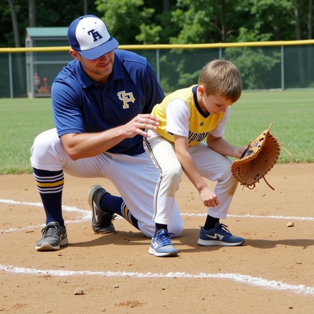  A parent helping their child with their baseball glove 