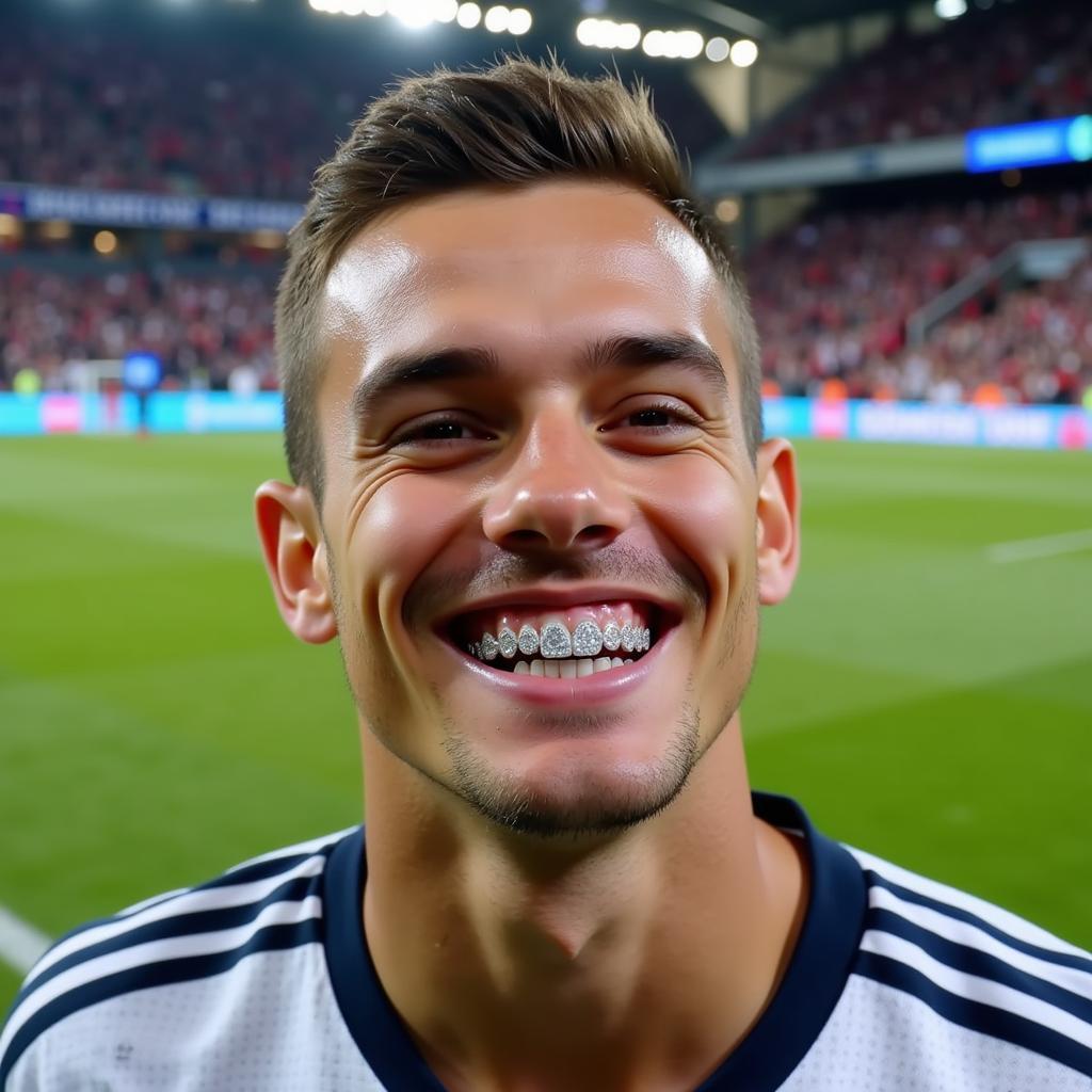 Soccer Player Sporting Silver Diamond Grillz