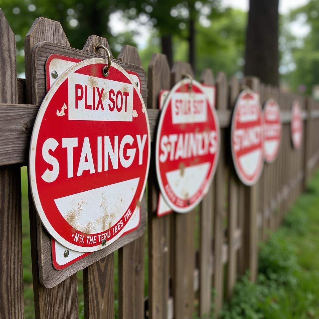 Small no trespassing signs attached to a wooden fence