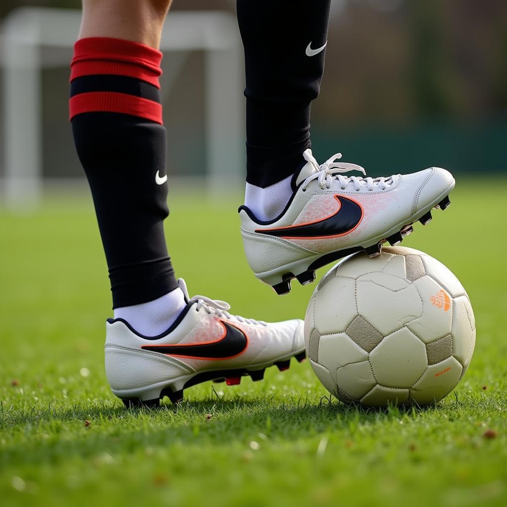 A skilled soccer player in action, dribbling the ball with precision while wearing Nike SoCal cleats