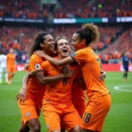 Soccer players in orange kits celebrating a goal