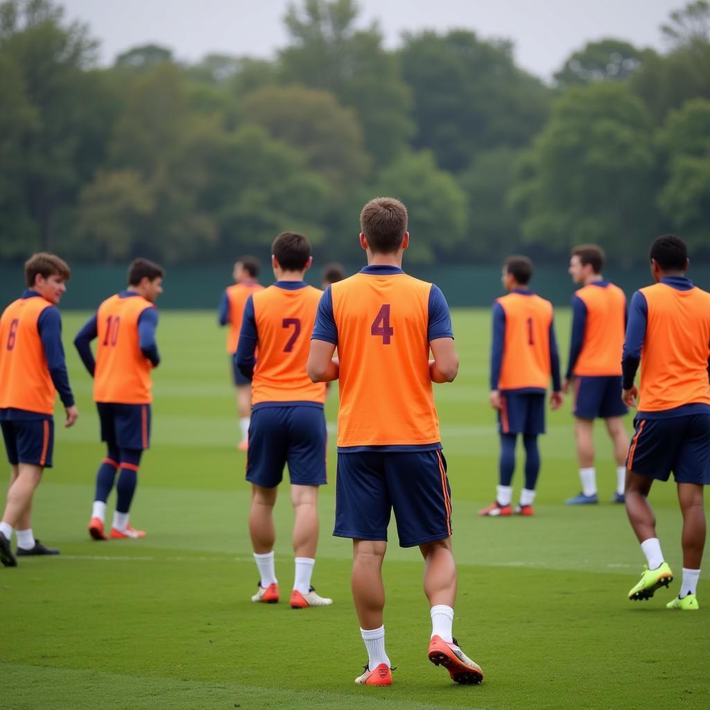 Soccer players wearing training vests during practice